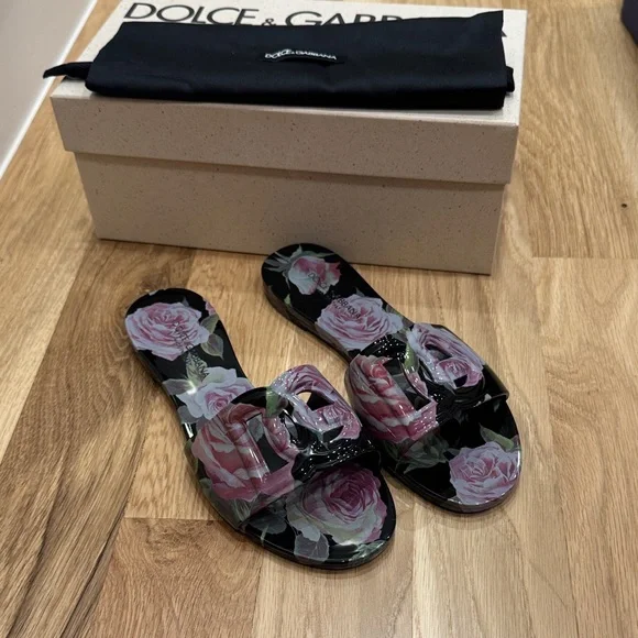 Dolce & Gabbana Black and Pink Floral Sandals